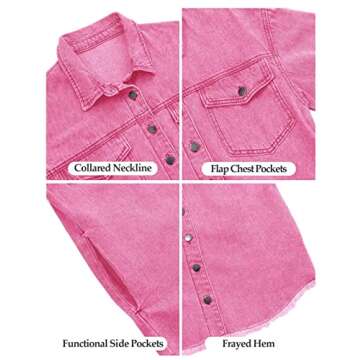 Vetinee Women's Pink Ladies Jacket Oversized Boyfriend Magenta Pink Front Button Up Frayed Raw Hem Long Sleeve Pockets Denim Jean Jacket Shacket Large Size 12 Size 14