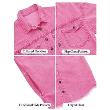 Vetinee Women's Pink Ladies Jacket Oversized Boyfriend Magenta Pink Front Button Up Frayed Raw Hem Long Sleeve Pockets Denim Jean Jacket Shacket Large Size 12 Size 14