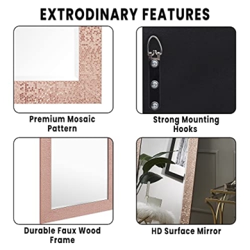Naomi Home Mosaic Full Length Mirror – 66" L x 32" W Large Decorative Wall Mirror with Faux Wood Frame Tall Full Body Floor Mirror in Elegant Rose Gold for Bedroom and Living Room