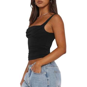 Matunana Womens Going Out Tops Crop Tank Top Basic T Shirts Sexy Cute Y2K Backless Tube Camisole Summer Ruched Corset Tee Fashion Clothes Workout Outfits 2024 Vacation Trendy Black