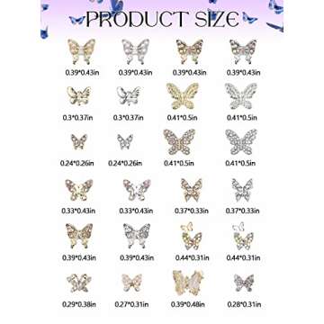 Kalolary Butterfly Nail Charms, 48 Pcs Crystals Diamonds Nail Rhinestones Metal Alloy Gold Silver Bu...