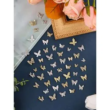 Kalolary Butterfly Nail Charms, 48 Pcs Crystals Diamonds Nail Rhinestones Metal Alloy Gold Silver Butterflies Gem Design for DIY Nail Art Decoration