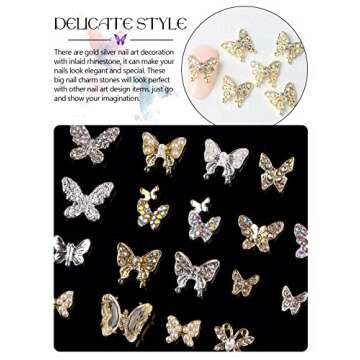 Kalolary Butterfly Nail Charms, 48 Pcs Crystals Diamonds Nail Rhinestones Metal Alloy Gold Silver Butterflies Gem Design for DIY Nail Art Decoration