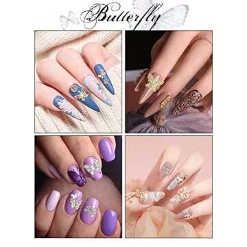 Kalolary Butterfly Nail Charms, 48 Pcs Crystals Diamonds Nail Rhinestones Metal Alloy Gold Silver Butterflies Gem Design for DIY Nail Art Decoration