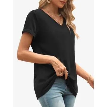 ATHMILE Black T Shirts for Women Short Sleeve V Neck Basic Tees Fashion Tunic Tops Loose Fit Soft Casual Summer Outfits Clothes 2025