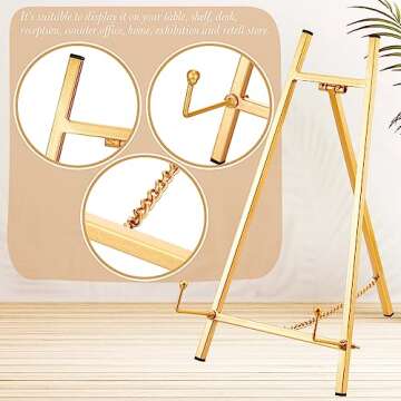 Leinuosen Metal Easel Stand 16.5" H x 8.7" W x 4.3" D Table Top Easel Stand for Display Tripod Art Picture Mirror Modern Plate Holder for Display Book Photo Wedding Sign(Gold)