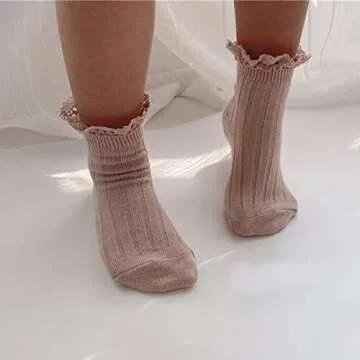 Ashmyova Baby Girls Vintage Ankel Lace Socks Toddler Ruffles Casual Dress Socks 3 Pack (Pink/Beige/Kahhi, 6-24 Months)