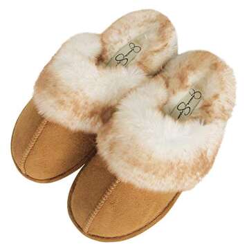 Jessica Simpson Women's Comfy Faux Fur House Slipper Scuff Memory Foam Slip on Anti-Skid Sole, Tan, ...