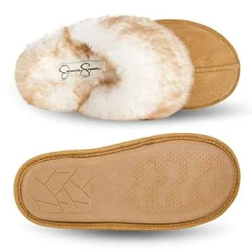 Jessica Simpson Women's Comfy Faux Fur House Slipper Scuff Memory Foam Slip on Anti-Skid Sole, Tan, Large