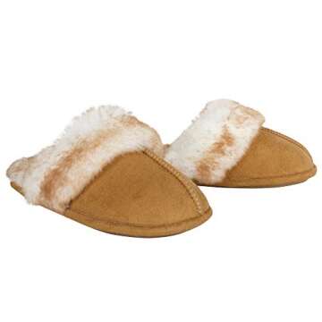 Jessica Simpson Women's Comfy Faux Fur House Slipper Scuff Memory Foam Slip on Anti-Skid Sole, Tan, Large