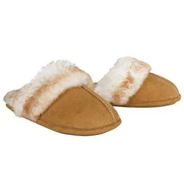 Jessica Simpson Women's Comfy Faux Fur House Slipper Scuff Memory Foam Slip on Anti-Skid Sole, Tan, Large