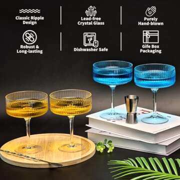 Coupe Glasses Set of 4, 10 oz Ribbed Martini Glasses, Hand Blown Cocktail Glasses, Bar Drinking Glasses, Gift Boxed Drinking Glasses Set Pefect for Espresso Martini, Manhattan, Cocktail, Champagne