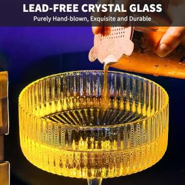 Coupe Glasses Set of 4, 10 oz Ribbed Martini Glasses, Hand Blown Cocktail Glasses, Bar Drinking Glasses, Gift Boxed Drinking Glasses Set Pefect for Espresso Martini, Manhattan, Cocktail, Champagne