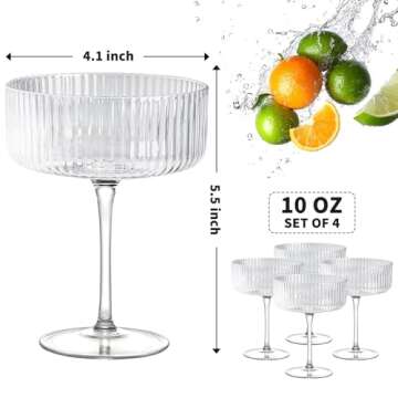Coupe Glasses Set of 4, 10 oz Ribbed Martini Glasses, Hand Blown Cocktail Glasses, Bar Drinking Glasses, Gift Boxed Drinking Glasses Set Pefect for Espresso Martini, Manhattan, Cocktail, Champagne