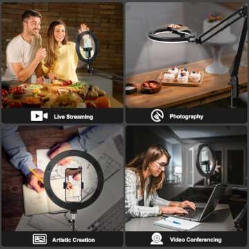Upgrade Ring Light Overhead Phone Mount, Evershop Selfie Ring Light with Stand and Phone Holder,10”Circle LED Desk Ring Light with Clamp for Video Recording,Zoom Meeting,Live Streaming Tiktok,YouTube