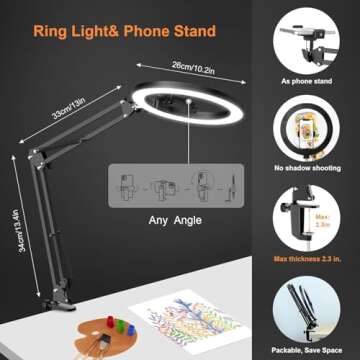 Upgrade Ring Light Overhead Phone Mount, Evershop Selfie Ring Light with Stand and Phone Holder,10”Circle LED Desk Ring Light with Clamp for Video Recording,Zoom Meeting,Live Streaming Tiktok,YouTube