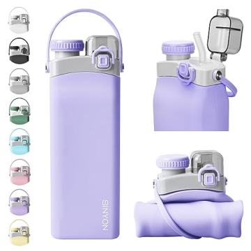 Collapsible Water Bottles, 20oz Silicone Reusable Water Bottle with Straw and Strap, Leakproof Folda...