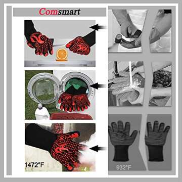 Comsmart BBQ Gloves, 1472 Degree F Heat Resistant Grilling Gloves Silicone Non-Slip Oven Gloves Long...