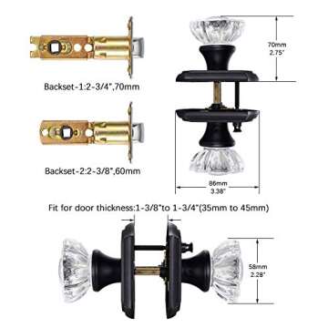 CLCTK Glass Door Knobs Interior with Lock, Vintage Privacy Crystal Door Knobs for Bedroom Bathroom, Matte Black