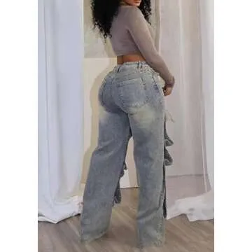 Tbahhir Baggy Cargo Jeans for Women Distressed Irregular High Waisted Wide Leg Boyfriend Y2K Denim Pants with Pockets Blue