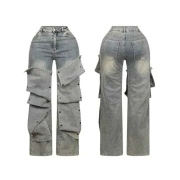 Tbahhir Baggy Cargo Jeans for Women Distressed Irregular High Waisted Wide Leg Boyfriend Y2K Denim Pants with Pockets Blue