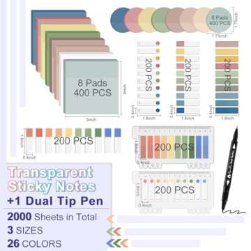 Vigorfun Transparent Sticky Notes - 2000 Sheets, Clear Sticky Pads with Pen for Study, Office, and S...