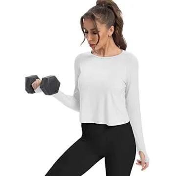 Bestisun Winter Workout Dance Tops Split Back Gym Clothes Cropped Sweatshirts Fall Long Sleeve Thumbhole Shirts White L