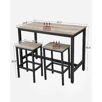 VASAGLE Bar Table Set, Bar Table with 2 Bar Stools, Dining table set, Kitchen Counter with Bar Chairs, Industrial for Kitchen, Living Room, Party Room, Greige and Black ULBT015B02