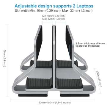 Psitek Aluminum Dual Vertical Laptop Stand Dock Holder, Supports 2 Devices, Adjustable Slot Width 15-36mm, Space-Saving Upright Storage for MacBook and Laptops