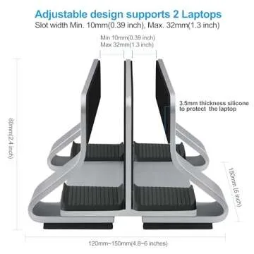 Psitek Aluminum Dual Vertical Laptop Stand Dock Holder, Supports 2 Devices, Adjustable Slot Width 15-36mm, Space-Saving Upright Storage for MacBook and Laptops