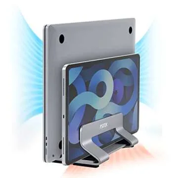 Psitek Aluminum Dual Vertical Laptop Stand Dock Holder, Supports 2 Devices, Adjustable Slot Width 15-36mm, Space-Saving Upright Storage for MacBook and Laptops