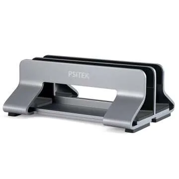 Psitek Aluminum Dual Vertical Laptop Stand Dock Holder, Supports 2 Devices, Adjustable Slot Width 15-36mm, Space-Saving Upright Storage for MacBook and Laptops