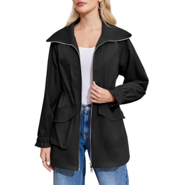 Tankaneo Womens Utility Jackets Zip Up Drawstring Waist Lapel Fall Casual Windbreaker Coats