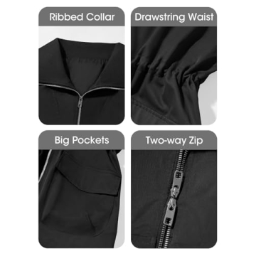 Tankaneo Womens Utility Jackets Zip Up Drawstring Waist Lapel Fall Casual Windbreaker Coats