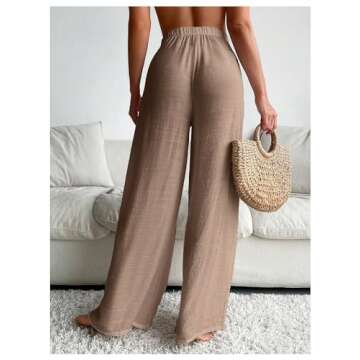 SHENHE Women's Swim Cover Up Pants Tie Front Wide Leg Loose Beach Palazzo Pants Coverups Khaki Small