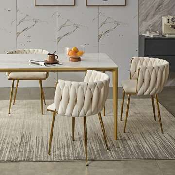Tsuysi Velvet Dining Chairs Set of 4, Modern Dining Chair with Golden Metal Legs, Woven Upholstered ...