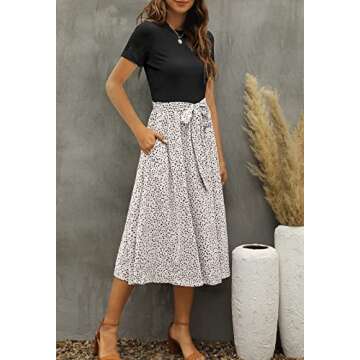 Zattcas Women Summer Short Sleeve Ribbed Midi Dress with Pockets Casual Work Dress Black L