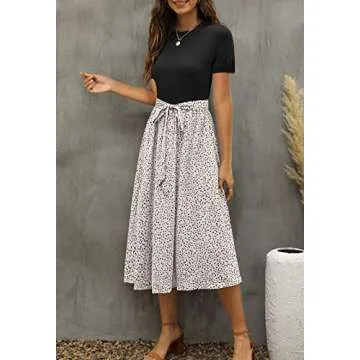 Zattcas Women Summer Short Sleeve Ribbed Midi Dress with Pockets Casual Work Dress Black L