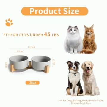 Ceramic Dog Cat Bowls with Anti-Slip Wooden Stand - 28OZ Set for Pets