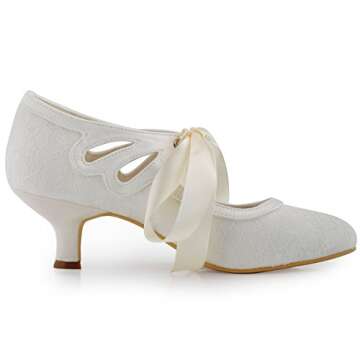 ELEGANTPARK HC1521 Wedding Shoes for Bride Low Heel Mary Jane Shoes Comfortable Closed Toe Heels for Women Lace Evening Dress Bridal Pumps Ivory US 9
