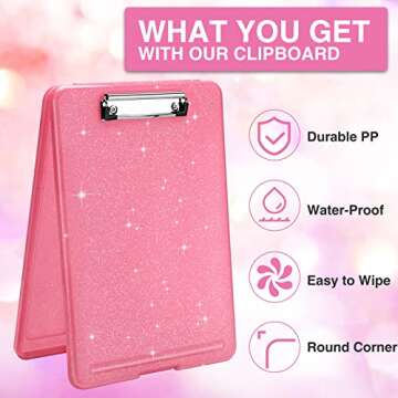 Sooez Glitter Clipboard with Storage, Cute Clip Boards 8.5x11 with Storage, Sparkle Plastic Clipboard Folder for Women, Nurse Accessories Essentials, Office & School Supplies, Letter Size A4, Rose Red