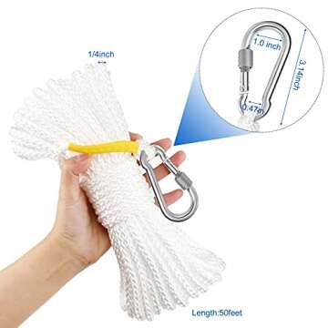 Shappy 15 M/50 Ft Hollow Braided Polypropylene Rope Heaving Line with Spring Hook for Ring Buoy Bracket Pool Life Preserver Ring Rope (White)