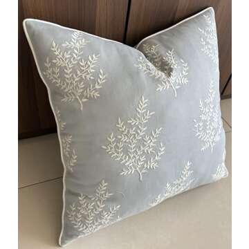 VAGMINE Hand Crafted Embroidered Cotton Square Decorative Accent Throw Pillow Cover - for Master Bedroom, New Home, Anniversary, Farmhouse, Couch, Sofa - Leaves-Robins Egg, 18x18 Inches