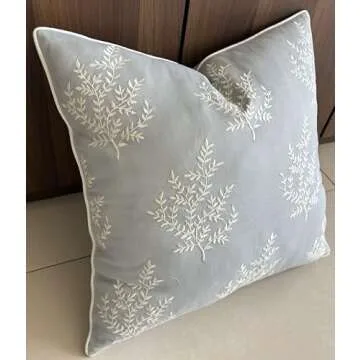 VAGMINE Hand Crafted Embroidered Cotton Square Decorative Accent Throw Pillow Cover - for Master Bedroom, New Home, Anniversary, Farmhouse, Couch, Sofa - Leaves-Robins Egg, 18x18 Inches