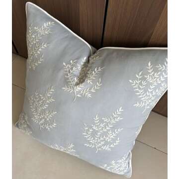 VAGMINE Hand Crafted Embroidered Cotton Square Decorative Accent Throw Pillow Cover - for Master Bedroom, New Home, Anniversary, Farmhouse, Couch, Sofa - Leaves-Robins Egg, 18x18 Inches