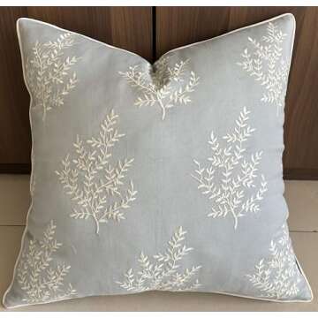 VAGMINE Hand Crafted Embroidered Cotton Square Decorative Accent Throw Pillow Cover - for Master Bedroom, New Home, Anniversary, Farmhouse, Couch, Sofa - Leaves-Robins Egg, 18x18 Inches