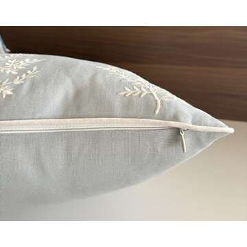 VAGMINE Hand Crafted Embroidered Cotton Square Decorative Accent Throw Pillow Cover - for Master Bedroom, New Home, Anniversary, Farmhouse, Couch, Sofa - Leaves-Robins Egg, 18x18 Inches
