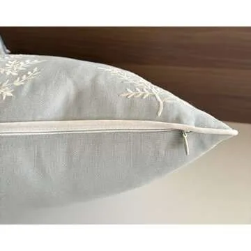 VAGMINE Hand Crafted Embroidered Cotton Square Decorative Accent Throw Pillow Cover - for Master Bedroom, New Home, Anniversary, Farmhouse, Couch, Sofa - Leaves-Robins Egg, 18x18 Inches