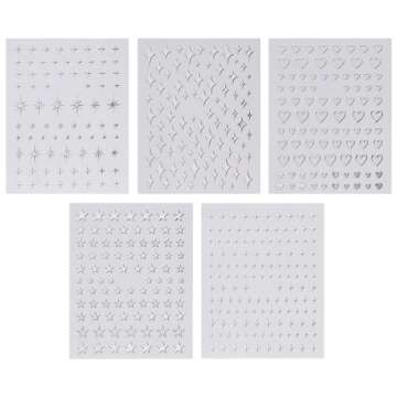 Liquid Metallic Mirror Silver Nail Stickers for Women 3D Star Nail Stickers Hollow Out Heart Nail De...