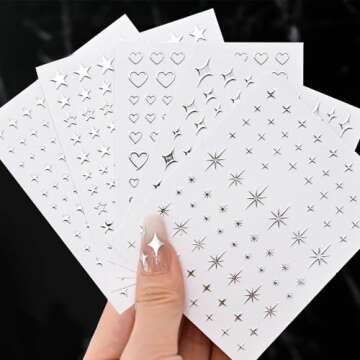 Liquid Metallic Mirror Silver Nail Stickers for Women 3D Star Nail Stickers Hollow Out Heart Nail Decals for Nail Art Supplies Self-Adhesive Nail Art Stickers Y2k Nail Accessories Stickers for Nails